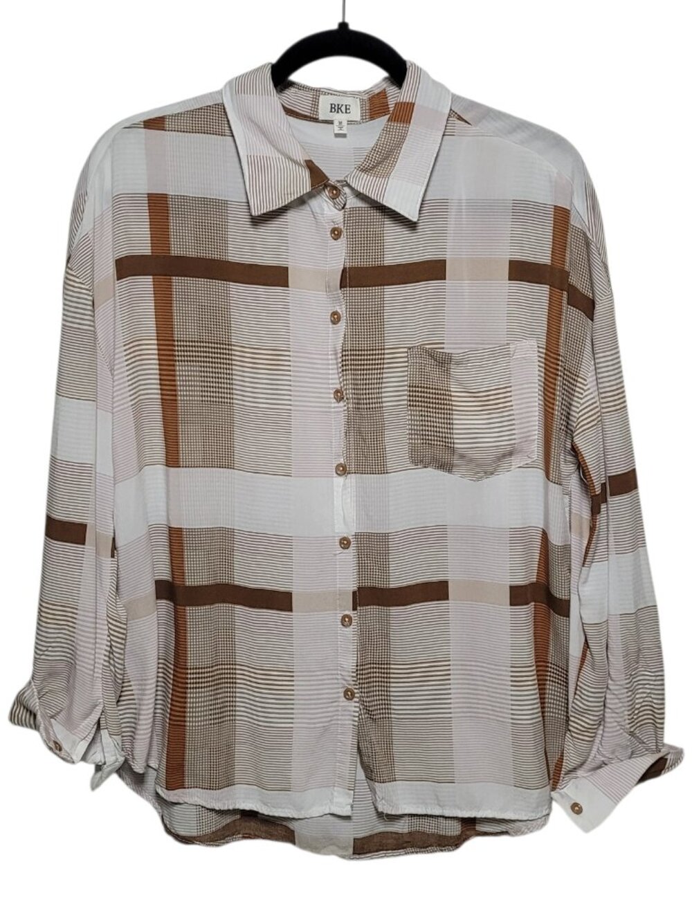 BKE Relaxed Plaid Shirt Oversized Button Down Blouse Brown White Medium Boho